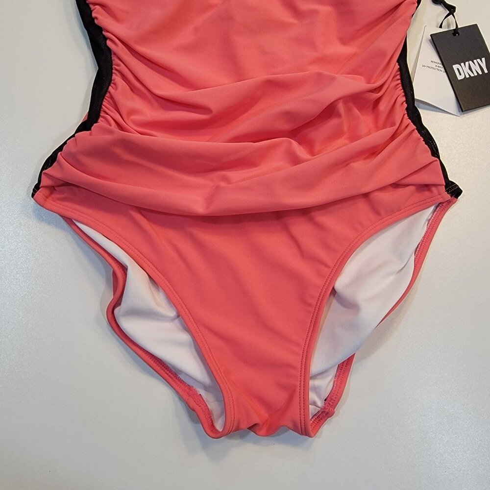 DKNY Ruched V-Neck One-Piece‎ Swimsuit Watermelon Sz 10 NWT - Picture 3 of 11